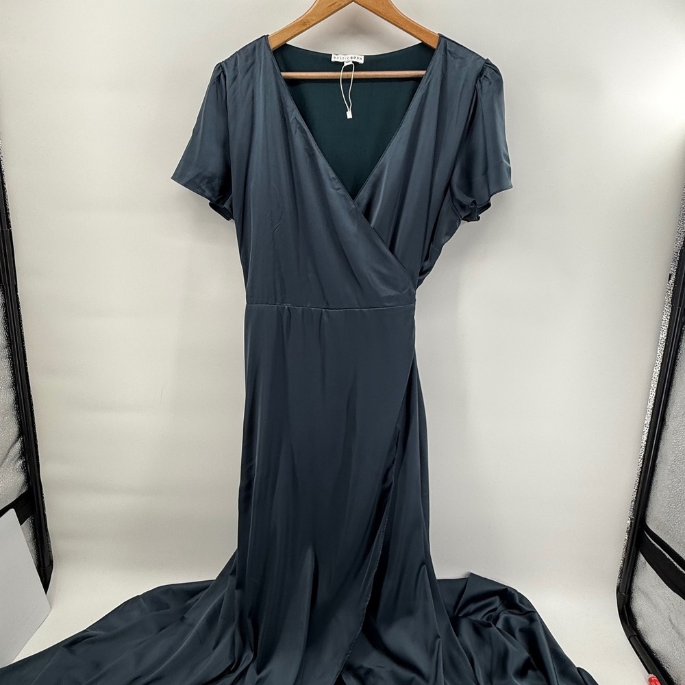 Baltic Born Katya Teal Satin Wrap Maxi Dress Short Sleeve 1XL Flaw